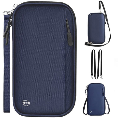 Darrahopens Fashion > Men's Fashion > Men's Accessories Dark blue RFID Blocking Travel Wallet - Multi-functional Large Capacity Passport Holder & Card Organizer with Adjustable Strap for Men & Women