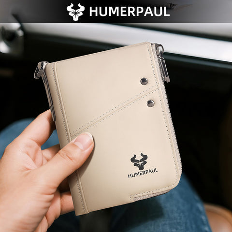 Darrahopens Fashion > Men's Fashion > Men's Accessories Genuine Leather Double Zipper Wallet - Beige RFID Blocking Bifold Card Holder - Vintage Cowhide Purse with Coin Pockets (13cm)