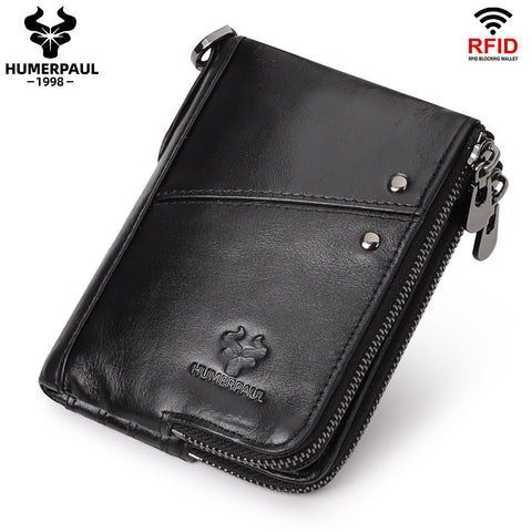 Darrahopens Fashion > Men's Fashion > Men's Accessories Genuine Leather Double Zipper Wallet - Black RFID Blocking Bifold Card Holder - Vintage Cowhide Purse with Coin Pockets (13cm)