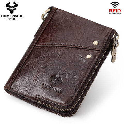 Darrahopens Fashion > Men's Fashion > Men's Accessories Genuine Leather Double Zipper Wallet - Brown RFID Blocking Bifold Card Holder - Vintage Cowhide Purse with Coin Pockets (13cm)
