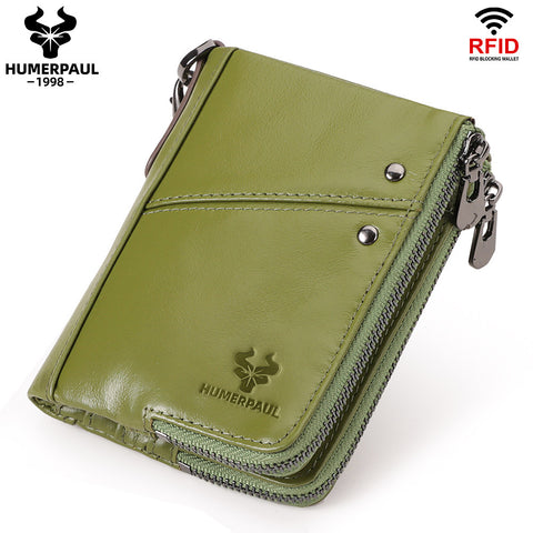 Darrahopens Fashion > Men's Fashion > Men's Accessories Genuine Leather Double Zipper Wallet - Green RFID Blocking Bifold Card Holder - Vintage Cowhide Purse with Coin Pockets (13cm)