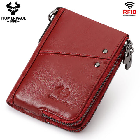 Darrahopens Fashion > Men's Fashion > Men's Accessories Genuine Leather Double Zipper Wallet - Red RFID Blocking Bifold Card Holder - Vintage Cowhide Purse with Coin Pockets (13cm)