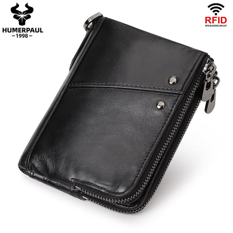 Darrahopens Fashion > Men's Fashion > Men's Accessories Genuine Leather Mens Wallet Double Zipper - RFID Blocking Bifold Card Holder with Coin Pocket - Black Gift for Him