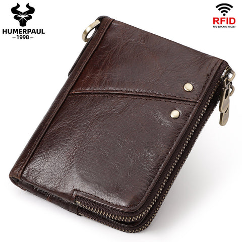 Darrahopens Fashion > Men's Fashion > Men's Accessories Genuine Leather Mens Wallet Double Zipper - RFID Blocking Bifold Card Holder with Coin Pocket - Coffee Gift for Him