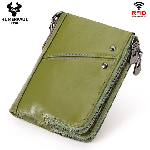 Darrahopens Fashion > Men's Fashion > Men's Accessories Genuine Leather Mens Wallet Double Zipper - RFID Blocking Bifold Card Holder with Coin Pocket - Green Gift for Him