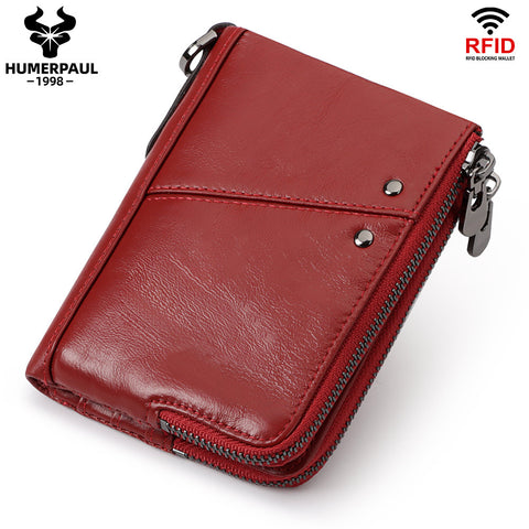 Darrahopens Fashion > Men's Fashion > Men's Accessories Genuine Leather Mens Wallet Double Zipper - RFID Blocking Bifold Card Holder with Coin Pocket - Red Gift for Him