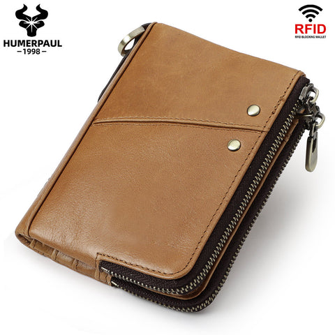 Darrahopens Fashion > Men's Fashion > Men's Accessories Genuine Leather Mens Wallet Double Zipper - RFID Blocking Bifold Card Holder with Coin Pocket - Vintage Brown Gift for Him
