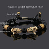 Darrahopens Fashion > Men's Fashion > Men's Accessories golden Leopard Print Men's Bracelet: Polished Black Stone Beads with Inlaid Diamond Leopard Head, 175-200mm Adjustable, Embodying Wild and Sophisticated Wrist Fashion.