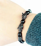 Darrahopens Fashion > Men's Fashion > Men's Accessories golden Leopard Print Men's Bracelet: Polished Black Stone Beads with Inlaid Diamond Leopard Head, 175-200mm Adjustable, Embodying Wild and Sophisticated Wrist Fashion.