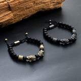 Darrahopens Fashion > Men's Fashion > Men's Accessories golden Leopard Print Men's Bracelet: Polished Black Stone Beads with Inlaid Diamond Leopard Head, 175-200mm Adjustable, Embodying Wild and Sophisticated Wrist Fashion.