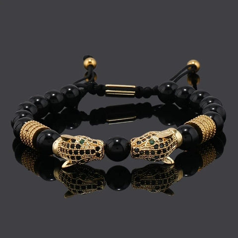 Darrahopens Fashion > Men's Fashion > Men's Accessories golden Leopard Print Men's Bracelet: Polished Black Stone Beads with Inlaid Diamond Leopard Head, 175-200mm Adjustable, Embodying Wild and Sophisticated Wrist Fashion.