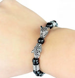 Darrahopens Fashion > Men's Fashion > Men's Accessories Leopard Print Men's Bracelet: Polished Black Stone Beads with Inlaid Diamond Leopard Head, 175-200mm Adjustable, Embodying Wild and Sophisticated Wrist Fashion.black