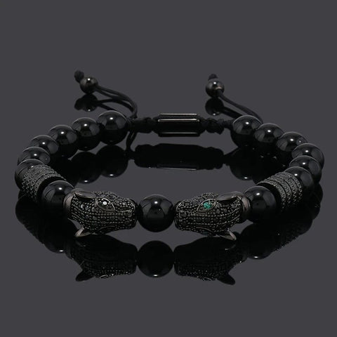 Darrahopens Fashion > Men's Fashion > Men's Accessories Leopard Print Men's Bracelet: Polished Black Stone Beads with Inlaid Diamond Leopard Head, 175-200mm Adjustable, Embodying Wild and Sophisticated Wrist Fashion.black