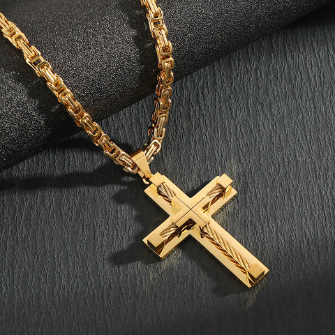 Darrahopens Fashion > Men's Fashion > Men's Accessories Men's Stainless Steel Layered Cross Pendant with Byzantine Chain - Fashion Statement Necklace(Gold)