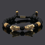 Darrahopens Fashion > Men's Fashion > Men's Accessories silver Leopard Print Men's Bracelet: Polished Black Stone Beads with Inlaid Diamond Leopard Head, 175-200mm Adjustable, Embodying Wild and Sophisticated Wrist Fashion.