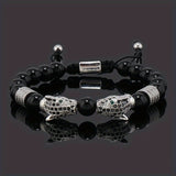 Darrahopens Fashion > Men's Fashion > Men's Accessories silver Leopard Print Men's Bracelet: Polished Black Stone Beads with Inlaid Diamond Leopard Head, 175-200mm Adjustable, Embodying Wild and Sophisticated Wrist Fashion.