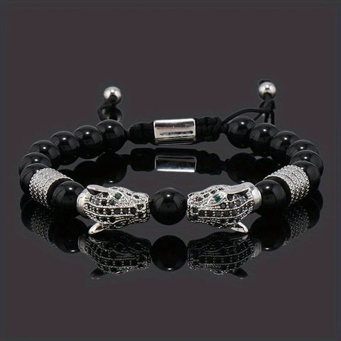 Darrahopens Fashion > Men's Fashion > Men's Accessories silver Leopard Print Men's Bracelet: Polished Black Stone Beads with Inlaid Diamond Leopard Head, 175-200mm Adjustable, Embodying Wild and Sophisticated Wrist Fashion.