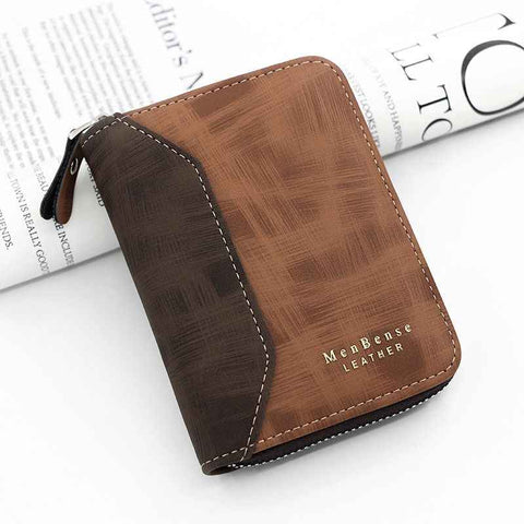 Darrahopens Fashion > Men's Fashion > Men's Accessories Two-tone Patchwork PU Zip-Around Short Wallet for Men, Embossed Letter Multi-Card Slot Purse with Dual Coin Pockets & ID Photo Slot (Brown)