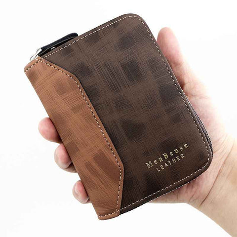 Darrahopens Fashion > Men's Fashion > Men's Accessories Two-tone Patchwork PU Zip-Around Short Wallet for Men, Embossed Letter Multi-Card Slot Purse with Dual Coin Pockets & ID Photo Slot (Dark Brown)