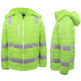 Darrahopens Fashion > Men's Fashion > Men's Coats & Jackets HI VIS Puffer Safety Jacket Reflective Tape Removable Hood Zip Pocket Puffy Coat, Fluro Yellow, 5XL