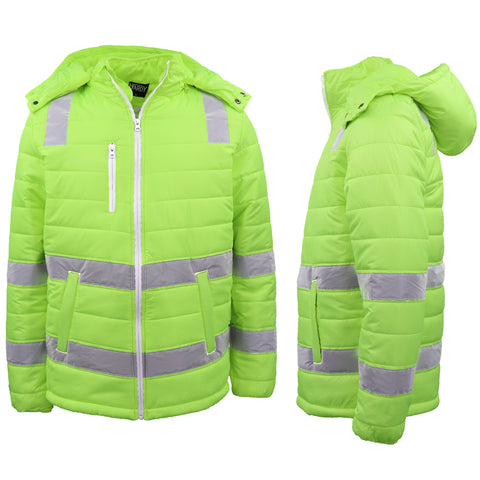 Darrahopens Fashion > Men's Fashion > Men's Coats & Jackets HI VIS Puffer Safety Jacket Reflective Tape Removable Hood Zip Pocket Puffy Coat, Fluro Yellow, 5XL
