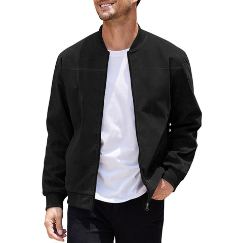 Darrahopens Fashion > Men's Fashion > Men's Coats & Jackets Men's Varsity Bomber Flight Jacket Breathable Windbreaker Zip Coat Faux Leather, Black, L