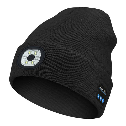 Darrahopens Fashion > Men's Fashion > Men's Hats & Caps Black Wireless Bluetooth Beanie Hat with USB Rechargeable LED Headlight - Unisex Knit Cap for Running & Camping