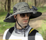 Darrahopens Fashion > Men's Fashion > Men's Hats & Caps Dual Solar Fan Hat with Rechargeable Battery - Wide Brim UPF 50+ Sun Protection Bucket Hat - Green Ink Pattern for Fishing & Camping