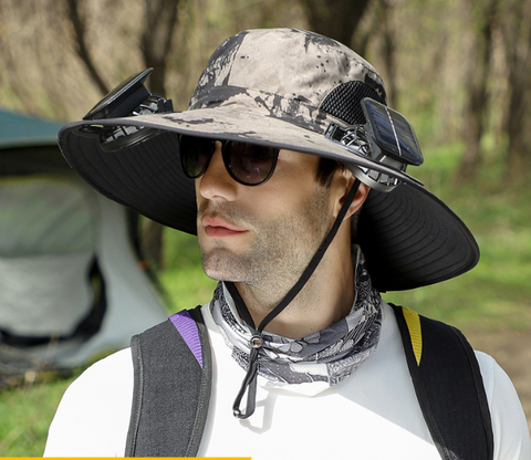Darrahopens Fashion > Men's Fashion > Men's Hats & Caps Dual Solar Fan Hat with Rechargeable Battery - Wide Brim UPF 50+ Sun Protection Bucket Hat - Khaki Ink Pattern for Fishing & Camping
