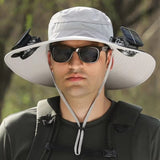 Darrahopens Fashion > Men's Fashion > Men's Hats & Caps Grey Outdoor Sun Hat with Solar Fan Wide Brim 12cm - Rechargeable Cooling Cap for Fishing Hiking & Gardening - Adjustable 56-60cm