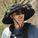 Darrahopens Fashion > Men's Fashion > Men's Hats & Caps Grey Outdoor Sun Hat with Solar Fan Wide Brim 12cm - Rechargeable Cooling Cap for Fishing Hiking & Gardening - Adjustable 56-60cm