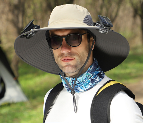Darrahopens Fashion > Men's Fashion > Men's Hats & Caps Khaki Dual Solar Fan Hat with Rechargeable Battery - Wide Brim UPF 50+ Sun Protection Bucket Hat for Fishing & Outdoor Work