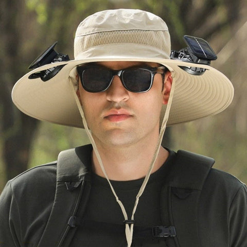 Darrahopens Fashion > Men's Fashion > Men's Hats & Caps khaki Outdoor Sun Hat with Solar Fan Wide Brim 12cm - Rechargeable Cooling Cap for Fishing Hiking & Gardening - Adjustable 56-60cm