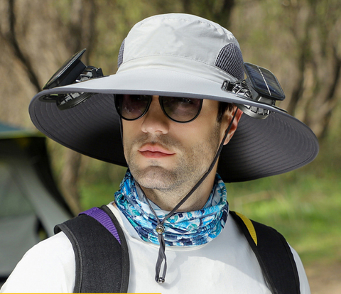 Darrahopens Fashion > Men's Fashion > Men's Hats & Caps Light Grey Dual Solar Fan Hat with Rechargeable Battery - Wide Brim UPF 50+ Sun Protection Bucket Hat for Fishing & Outdoor Work