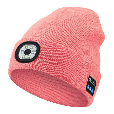 Darrahopens Fashion > Men's Fashion > Men's Hats & Caps Pink Wireless Bluetooth Beanie Hat with USB Rechargeable LED Headlight - Unisex Knit Cap for Running & Camping