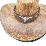 Darrahopens Fashion > Men's Fashion > Men's Hats & Caps Retro Western Cowboy Hat Khaki Distressed Crackle Finish Bull Head Emblem Wide Brim Sun Protection Outback Bush Hat for Men Women L 58-60cm
