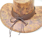 Darrahopens Fashion > Men's Fashion > Men's Hats & Caps Retro Western Cowboy Hat Khaki Distressed Crackle Finish Bull Head Emblem Wide Brim Sun Protection Outback Bush Hat for Men Women L 58-60cm