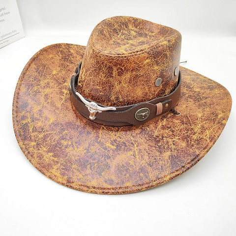 Darrahopens Fashion > Men's Fashion > Men's Hats & Caps Retro Western Cowboy Hat Khaki Distressed Crackle Finish Bull Head Emblem Wide Brim Sun Protection Outback Bush Hat for Men Women L 58-60cm