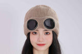 Winter Ski Hat with Goggles - Thermal Knit Beanie for Men & Women - Khaki