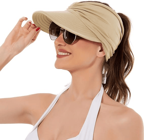 Darrahopens Fashion > Men's Fashion > Men's Hats & Caps Women's UPF 50+ UV Protection Sun Visor Hat |  That Girl Aesthetic High Ponytail Wide Brim Hat | Birthday Gift for Her Beach Golf Hiking Outdoor Daily Casual WearBeige