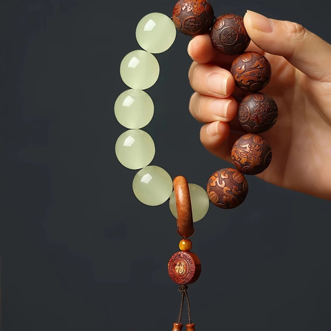 Darrahopens Fashion > Men's Fashion > Men's Jewellery 1pc Classic 12-bead 20mm Handmade Wooden Carved "Fu" Pendant Bracelet, Unisex Beaded Bracelet, Buddhist Mala Beads Prayer Bracelet