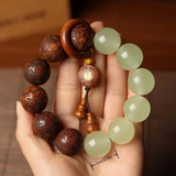 Darrahopens Fashion > Men's Fashion > Men's Jewellery 1pc Classic 12-bead 20mm Handmade Wooden Carved "Fu" Pendant Bracelet, Unisex Beaded Bracelet, Buddhist Mala Beads Prayer Bracelet