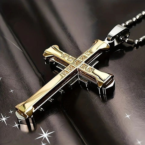 Darrahopens Fashion > Men's Fashion > Men's Jewellery 2PCS Luxurious Rhinestone Cross Necklace, Unisex, Guarding Faith with Cool Shine for Holidays and Daily Wear.golden