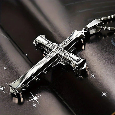 Darrahopens Fashion > Men's Fashion > Men's Jewellery 2PCS  Luxurious Rhinestone Cross Necklace, Unisex, Guarding Faith with Cool Shine for Holidays and Daily Wear.silver