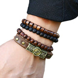 Darrahopens Fashion > Men's Fashion > Men's Jewellery 4-pack handmade leather bracelets for men with wooden beads, brown - Compatible with iPhone brown