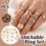 Darrahopens Fashion > Men's Fashion > Men's Jewellery Gold Hollow Stackable Joint Ring Set 15 PCS Various Styles Versatile Womens