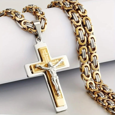 Darrahopens Fashion > Men's Fashion > Men's Jewellery Trendy Gold-Plated Cross Men's Pendant, paired with a Cuban chain—a bold, personal expression of faith.（Gold+silver）