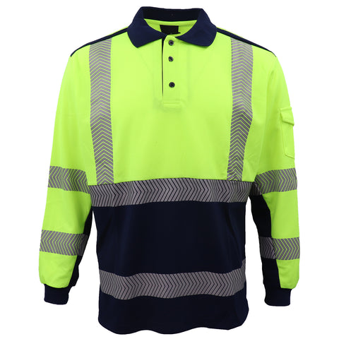Darrahopens Fashion > Men's Fashion > Men's Shirts HI VIS Long Sleeve Polo Shirt Reflective Tape Safety Tradie Work Wear Tops Tee, Fluro Yellow / Navy, 2XL