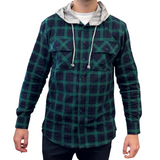 Darrahopens Fashion > Men's Fashion > Men's Shirts Mens Cotton Flannelette Shirt w Jersey Hood Long Sleeve Flannel - Green - S