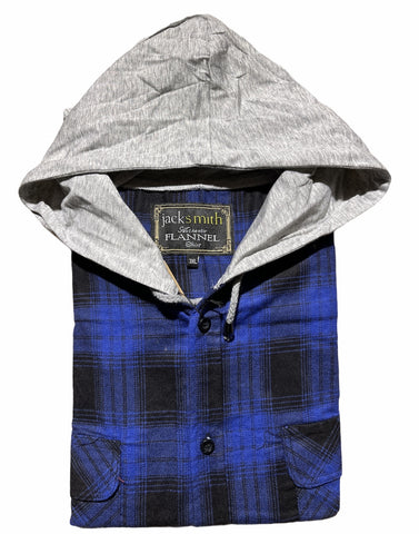 Darrahopens Fashion > Men's Fashion > Men's Shirts Mens Cotton Flannelette Shirt w Jersey Hood Long Sleeve Flannel - Royal Blue - S